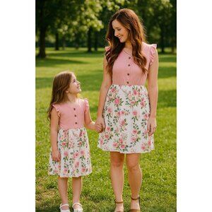 PatPat Small Dress Pink Women Mosaic Flutter Sleeve Pink Rose Floral Mommy & Me